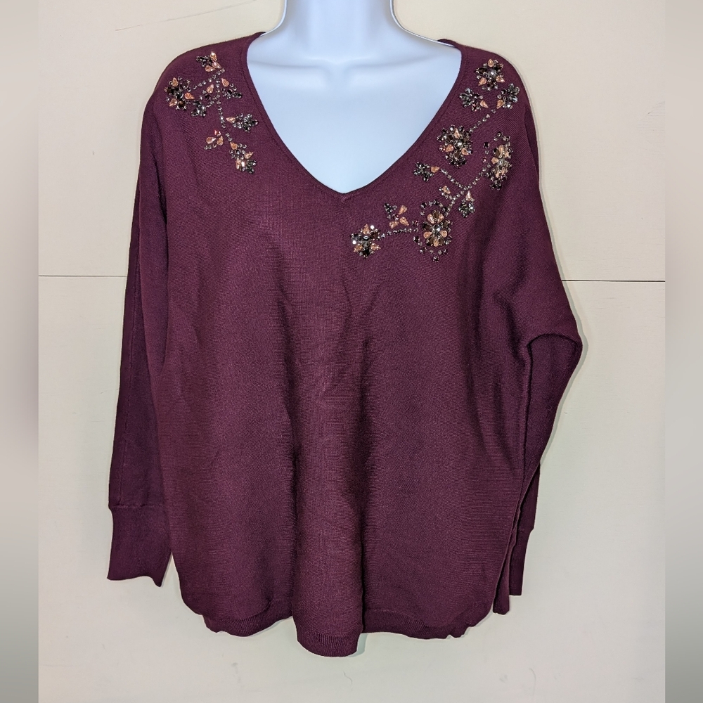 Chico's V Neck Sweater With Gemstone Floral Detail In Maroon Red